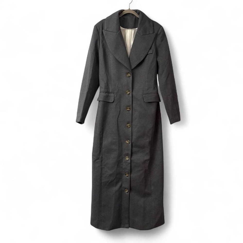 Women's Beautiful Grey Full Length Button Down Heavy Trench Coat with Pockets